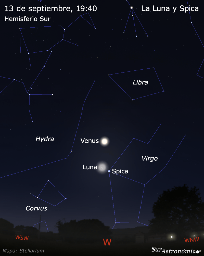 surastronomico's tweet photo. HOY (13/09) la Luna, con una fase del 8,5%, estará en conjunción con la estrella Spica, en la constelación de Virgo. Venus, con magnitud -4,8 será visible algo por encima del par.

#astronomia #luna #spica #atardecer #venus #virgo #constelaciones https://t.co/SHINsXXo1T