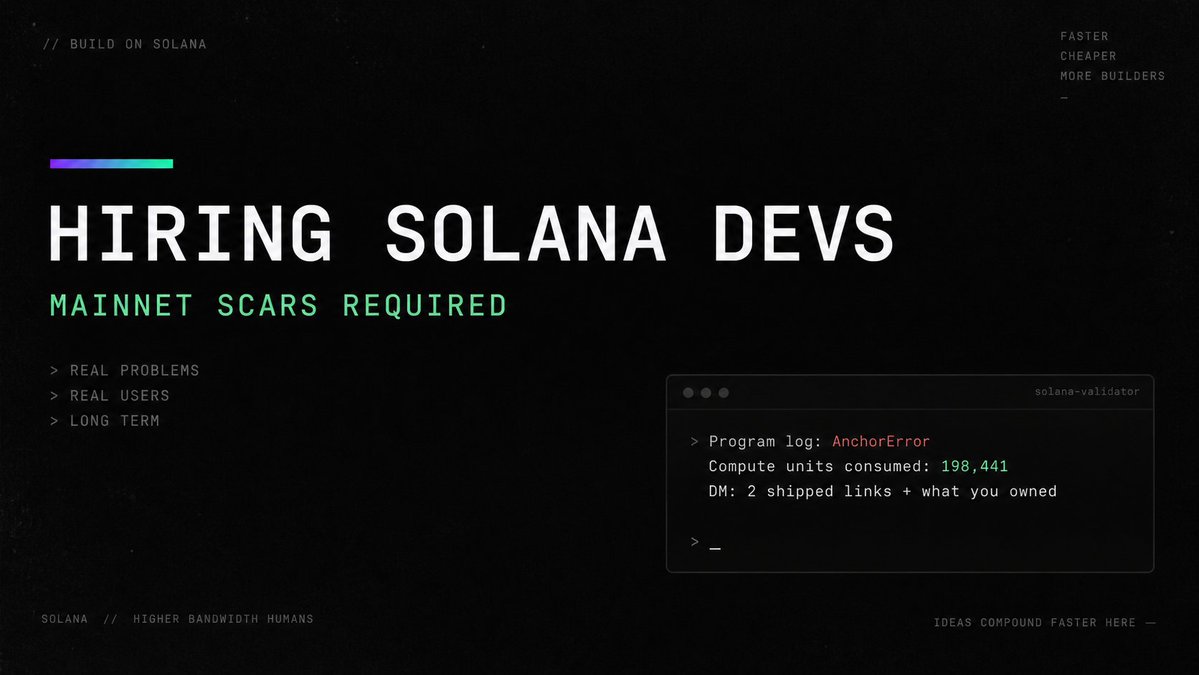 solglove's tweet photo. Solana devs: I’m hiring.

Not looking for “I read the docs and built a counter app.”

Looking for someone who has actually shipped Solana work and dealt with the annoying parts:

- Anchor errors
- PDA constraints
- CPI weirdness
- compute limits
- tx simulation failing for unclear reasons
- mainnet behavior not matching your beautiful local test

If this sounds familiar, DM me:
1. 2 shipped Solana links
2. GitHub
3. what part you personally owned

If you know someone like this, tag them.

#solanadev #hiring #solana