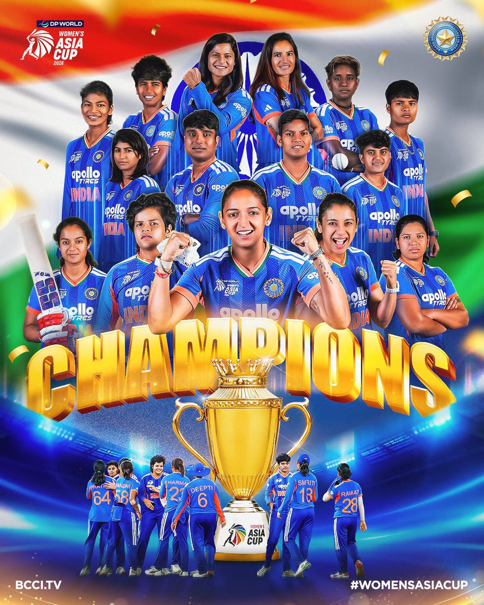 AmitShah's tweet photo. India sets another milestone in Asian cricket.

Heartiest congratulations to our champions on clinching the 8th Women's Asia Cup title. You have thrilled the nation with your undisputed dominance throughout the tournament and paved the path of inspiration for millions. https://t.co/AvKjh76Obs