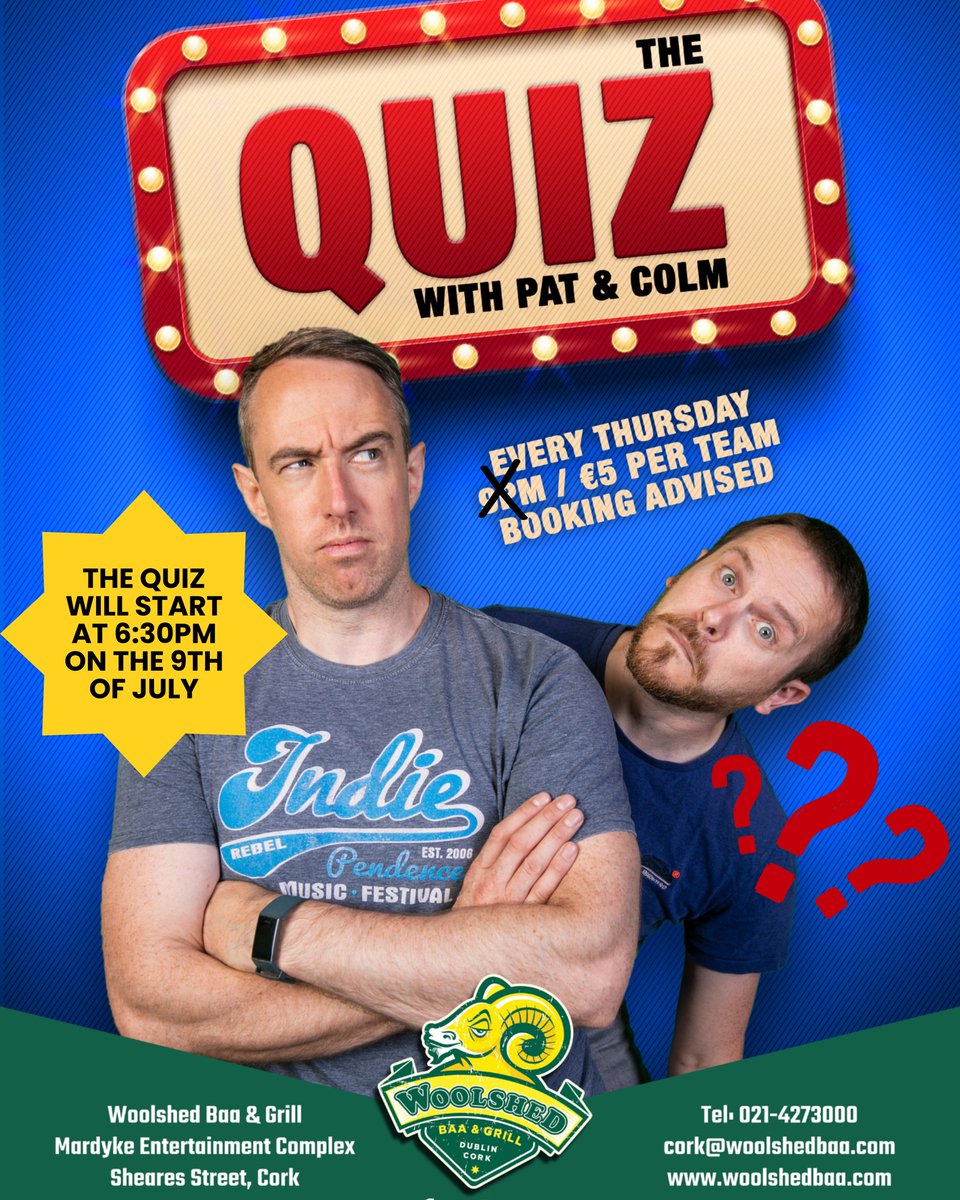 NevadaOrmofhl's tweet photo. Quiz Night moves to 6:30pm this Thursday, 9th July, ahead of the World Cup quarter-finals. Gather your team, enjoy food and drinks, and test your knowledge before kickoff at Woolshed Baa &amp; Grill Cork. https://t.co/IVFBCFCmcK