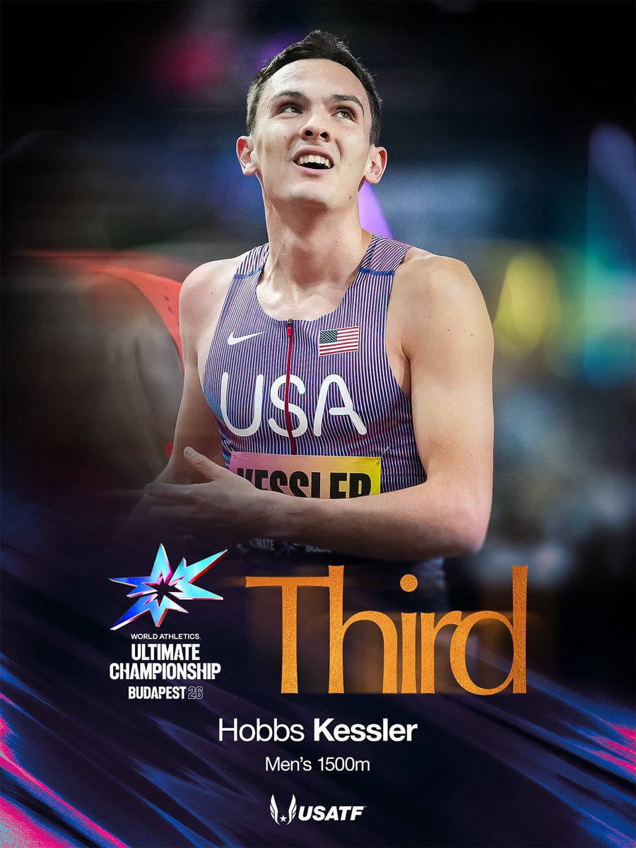 usatf's tweet photo. Hobbs Kessler battles his way to a top three finish 👏

Kessler holds on for third in a loaded men’s 1500m, clocking 3:30.73 to lead a strong U.S. 3-4-5-7 finish at World Ultimate. 🇺🇸

#TeamUSATF | @WAultimateChamp https://t.co/AoiAJlQ42n