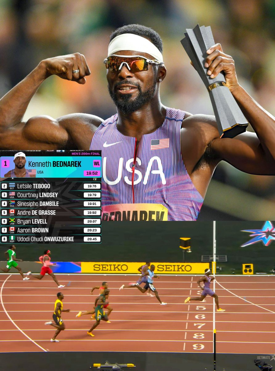 TrackGazette's tweet photo. Kenny Bednarek 🇺🇸 wins the 200m and completes the sprint double at the World Ultimate Championships!!🏆

​He clocked a World Lead time of 19.52s to win the 200m ahead of ​Letsile Tebogo 🇧🇼 who took 2nd in 19.76s, while Courtney Lindsey 🇺🇸 secured 3rd in 19.79s. https://t.co/X8nY26kpwT