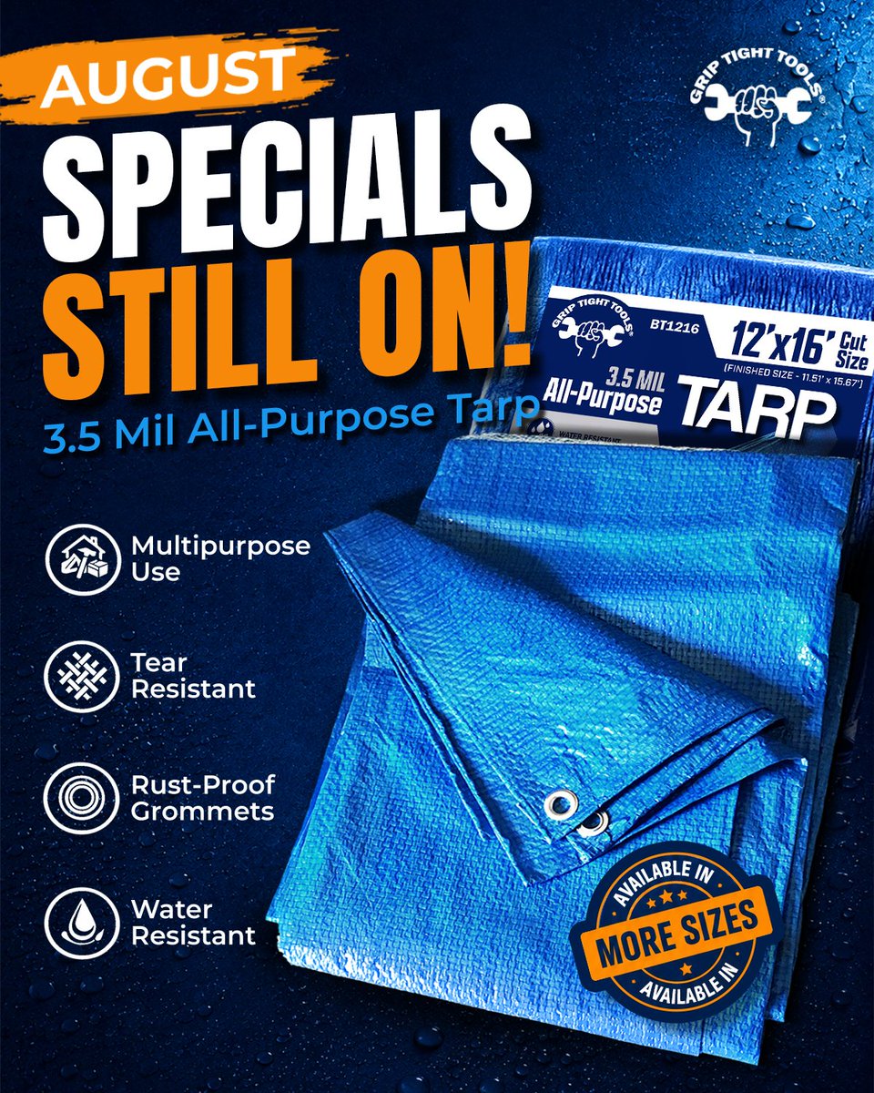GripTight10's tweet photo. π₯π¨ Special Deals Still Available! π¨π₯
π 3.5 Mil All-Purpose Tarps built for everyday protection. π§ Water Resistant πͺ Tear Resistant π Multiple Sizes Available
π Shop now: https://t.co/rHtAYn1dp8
#GripTightTools #TarpDeals #ConstructionTools #SaveMore #ToolDeals ποΈπ§πͺ https://t.co/rrdM0sL8QY