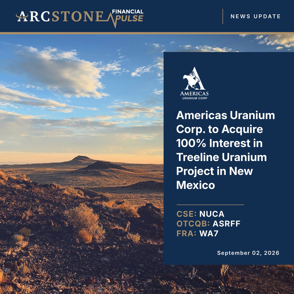ArcstoneFPulse's tweet photo. Americas Uranium Corp. Advances Treeline Uranium Project in New Mexico

https://t.co/Ldh2ct8dOU

#AUC #AmericasUranium #Uranium #NuclearEnergy #CriticalMinerals #Mining #Exploration #NewMexico #USA #EnergySecurity #JuniorMining #ResourceInvesting https://t.co/4yftqQdVjz