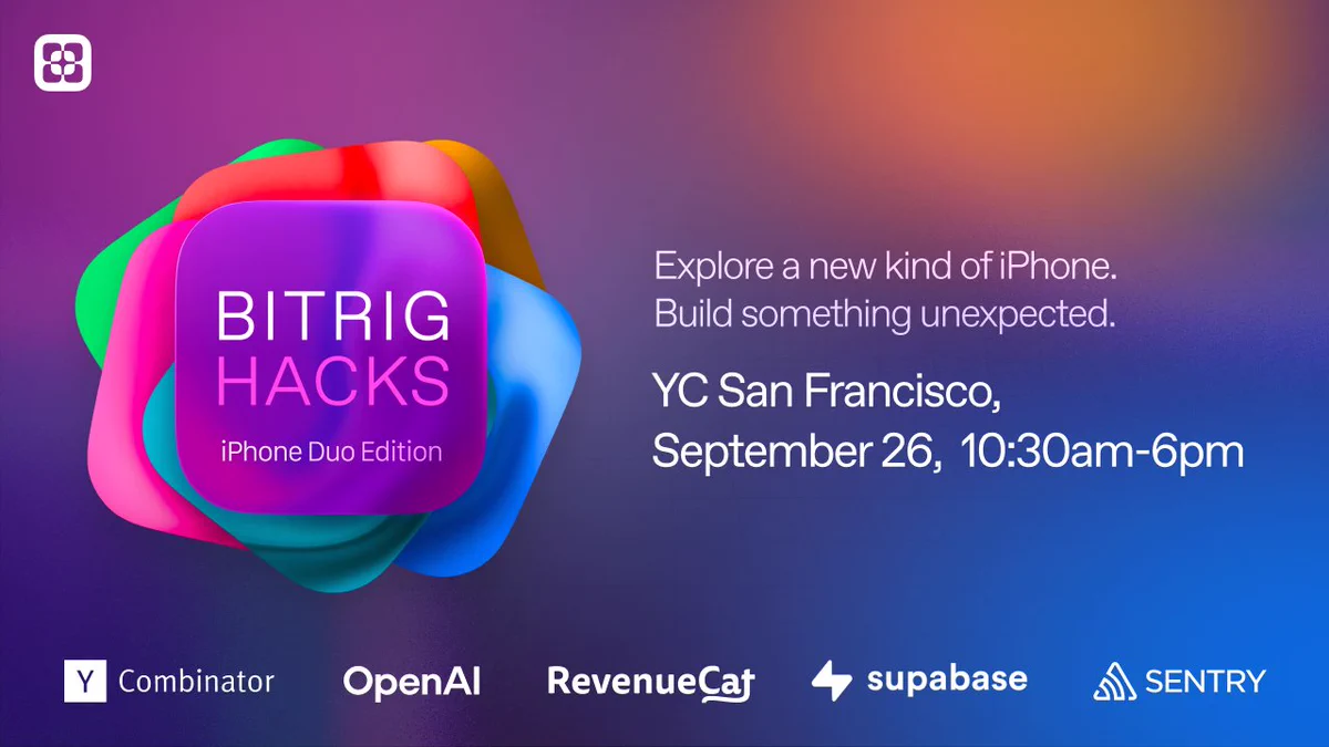 Colorful graphic promoting Bitrig Hacks: iPhone Duo Edition, scheduled for September 26 in San Francisco.