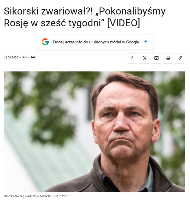 NCZAS1's tweet photo. 🚨 Ten człowiek jest niebezpieczny❗ Sikorski pojechał do Kijowa i publicznie zadeklarował, że Polska pokonałaby Rosję w sześć tygodni. 😮

Nieważne czy gada tak z własnej głupoty, czy na czyjeś zlecenie - należy się go pozbyć z rządu, bo to prowokator. On jest niebezpieczny, najwyraźniej chce nas wciągnąć do tej wojny. 

https://t.co/booz9h1E74