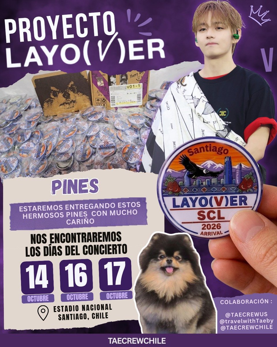 Taecrewchile's tweet photo. PROYECTO LAYOVER - CHILE 🇨🇱

Una iniciativa que ha recorrido el mundo y donde Chile también está presente 

Junto a TAE CREW US 🇺🇸 y @travelwithTaeby, preparamos estos hermosos pines para repartir durante los conciertos💜

📅 14 · 16 · 17 de octubre
📍Estadio Nacional

#taehyung https://t.co/R8hhyFXa6b