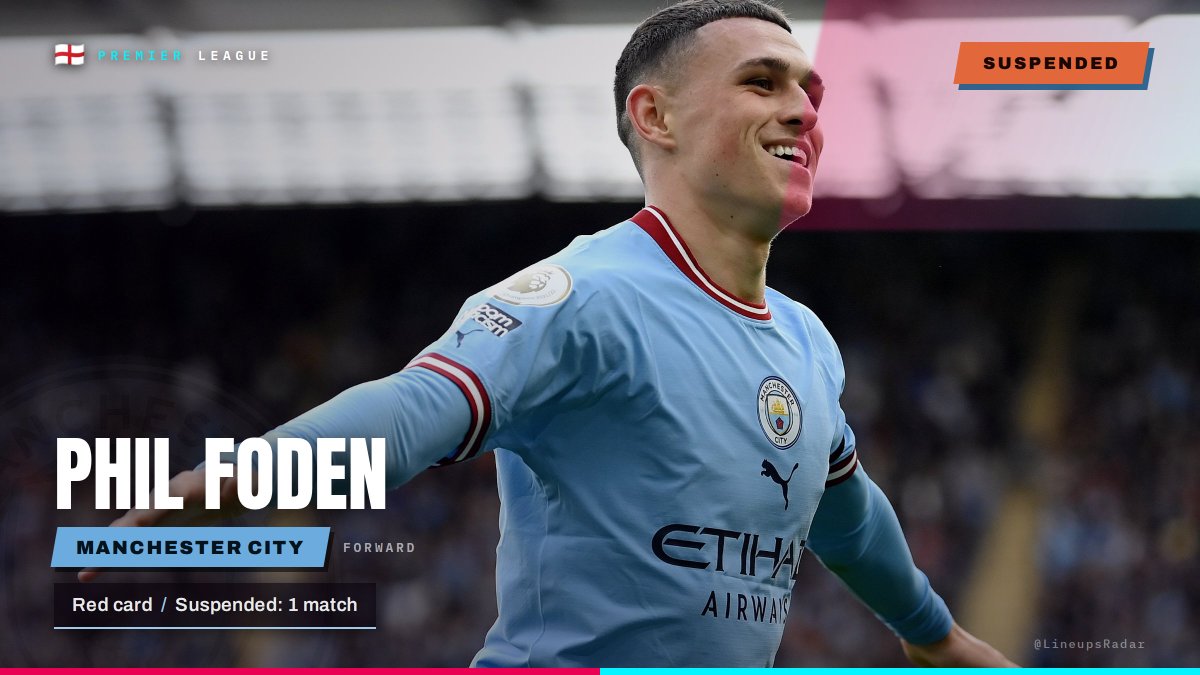 LineupsRadar's tweet photo. Phil Foden is suspended for one match after receiving a red card and will miss the clash with Sunderland. #PremierLeague #MCFC https://t.co/S6dl7kFLrd
