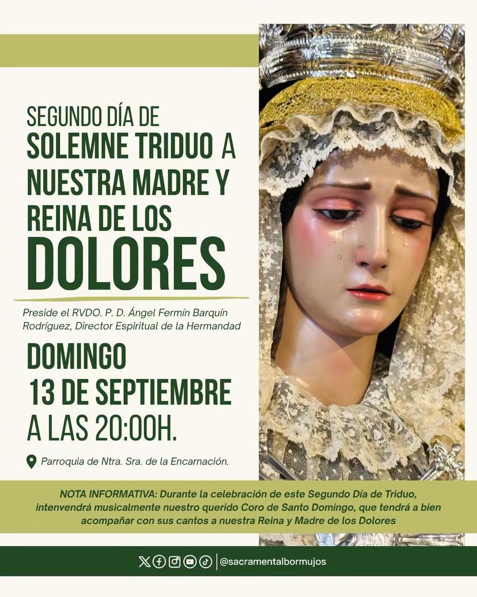 VCruzBormujos's tweet photo. 𝐒𝐄𝐆𝐔𝐍𝐃𝐎 𝐃Ɩ́𝐀 𝐃𝐄 #𝐓𝐑𝐈𝐃𝐔𝐎
Con el corazón puesto en nuestra 𝐌𝐚𝐝𝐫𝐞 𝐲 𝐑𝐞𝐢𝐧𝐚 𝐝𝐞 𝐥𝐨𝐬 #𝐃𝐨𝐥𝐨𝐫𝐞𝐬

📅 𝐃𝐨𝐦𝐢𝐧𝐠𝐨, 𝟏𝟑 𝐝𝐞 𝐬𝐞𝐩𝐭𝐢𝐞𝐦𝐛𝐫𝐞
🕗 𝟐𝟎:𝟎𝟎 𝐡𝐨𝐫𝐚𝐬
📍 𝐏𝐚𝐫𝐫𝐨𝐪𝐮𝐢𝐚 𝐝𝐞 𝐍𝐭𝐫𝐚. 𝐒𝐫𝐚. 𝐝𝐞 𝐥𝐚 𝐄𝐧𝐜𝐚𝐫𝐧𝐚𝐜𝐢𝐨́𝐧 https://t.co/6tW2lhi3a0