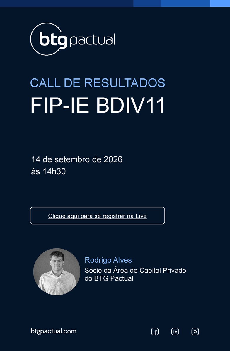 fiinewspaper's tweet photo. #BDIV11: Call de Resultados 2T 2026
🎙️Call de Resultados do FIP-IE BDIV11 referente ao 2T 2026, será realizado segunda feira, 14 de setembro, às 14h30.
✔️ Durante o Call, Rodrigo Alves, sócio da Área de Capital Privado e membro do Time há mais de 15 anos, irá apresentar detalhes dos resultados do Fundo e atualizações sobre os ativos investidos.
🖇️ link de acesso: https://t.co/MNWZ1tAx0C
Após a live, a gravação será disponibilizada no site do Fundo.
Caso tenham alguma dúvida, basta entrar em contato com o Time de Relacionamento com Investidores através da chave SH-BTG-INFRA-DIVIDENDOS@btgpactual.com.