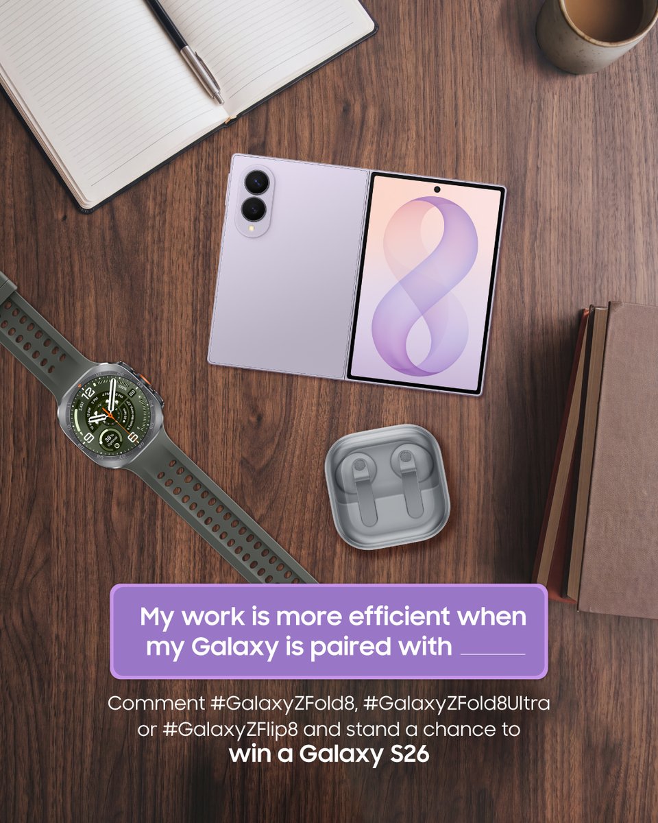 SamsungGulf's tweet photo. What is your combo pick for productivity maxxing?

Share your answer and stand a chance to win a Galaxy S26!

How to enter:
• Follow @samsunggulf
•Comment your answer below with hashtag 'GalaxyZFold8Ultra' 

More comments = more chances to win!

*T&amp;Cs apply. https://t.co/KzSCjtmjkJ