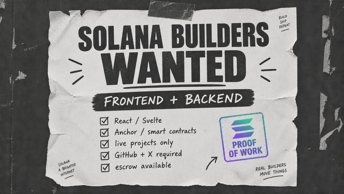 solglove's tweet photo. I'm currently hiring experienced Solana developers for an upcoming project.  

We're specifically looking for:    
– Front-end developers familiar with modern frameworks (React, Svelte, etc.)     
– Back-end developers with strong experience building on Solana (Anchor, smart contracts, on-chain logic   Requirements:     
– You must have previous experience working on live Solana-based projects     
– GitHub and Twitter profiles are required for review     
– Payment is competitive (we're offering $$$) and escrow can be used for trust and transparency.

If you're interested or know someone who fits the criteria, feel free to DM me directly with your details. Looking to build with people who know what they’re doing.