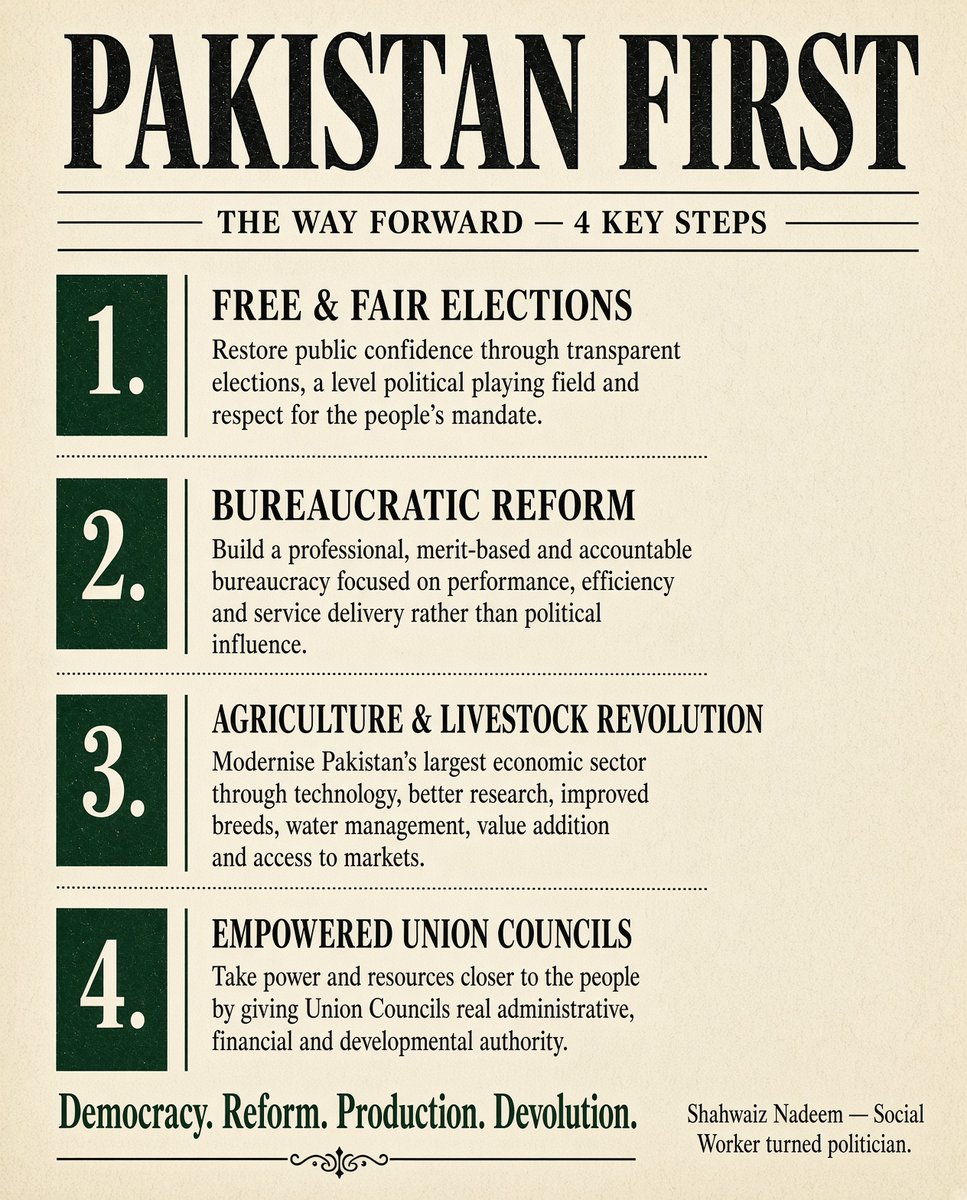 Shahwaizoffice's tweet photo. Pakistan First?
Four steps.
Democracy, Reform, Production &amp; Devolution.

@NadeemAfzalChan
@murtazasolangi https://t.co/1NpQsaOLY1