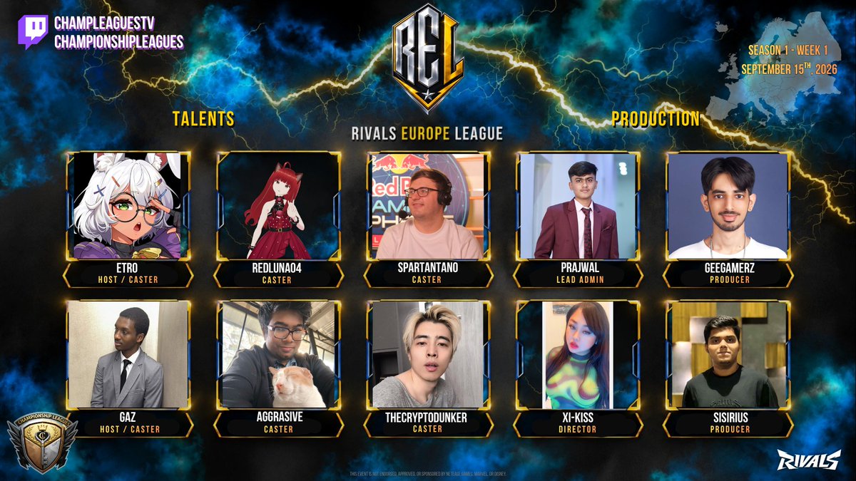 Rivals_Comp's tweet photo. 🇪🇺✨ RIVALS EUROPE LEAGUE (REL) — SEASON 1 STARTS IN 2 DAYS! 

✨ Championship Leagues is excited to host the inaugural Rivals Europe League (REL) Season 1, bringing together Europe's top competitors for three weeks of intense competition, premium production, and live broadcast coverage.

🎙️ Broadcast Talent & Production:
@Spartan_Tano @RedLuna04 @profetro @bassline04 geegamerz, thecrytodunker, gaz, aggrasive, @Sisirius_X @XI_KiSS_J @prajwal_0908 

Get ready for a fully produced viewing experience featuring our talented broadcast team, live casters and production staff as they bring every moment of the action to life. 

From the opening Swiss rounds to the championship finale, REL Season 1 will be streamed live with professional coverage, player storylines, match analysis, and community engagement throughout the event.

🏆 €1,000 Prize Pool
🥇 Champion — €700 + Free Entry to the Next REL
🥈 2nd Place — €200 + Free Entry to the Next REL
🥉 3rd Place — €100 + Free Entry to the Next REL

📌 Event Information
🗓️ September 15, 2026
🕕 6:00 PM CEST (UTC+2)
🎮 PC & Console
💯 Liquipedia Coverage
💸 FREE Entry

🌏 Open to All Skill Levels (GM+ & Professional Teams Recommended)

Only 32 team slots are available. Selected teams will receive confirmation prior to league play.

📺 Watch Live
https://t.co/NNl1IXhq5g
https://t.co/cdu5oDFNSS
https://t.co/a5lUp0JwBW

⏰ Registration Deadline
September 14, 2026 • 6:00 PM CEST (UTC+2)

Teams registering after the deadline will automatically be placed on the waitlist.

✅ Registration
https://t.co/mbyBsgdwAk

🌠 Join The Servers 
https://t.co/whuAdmITDc
https://t.co/4XO94lHU0Q

League rules, brackets, talent announcements, and additional information will be available through the Championship Leagues Discord.

For questions or assistance, please contact discord Prajwal or Aven_Eats

#MarvelRivals #MarvelRivalsEU #Ignite #Esports #ChampLeagues #Twitch #RivalsEuropeLeagues