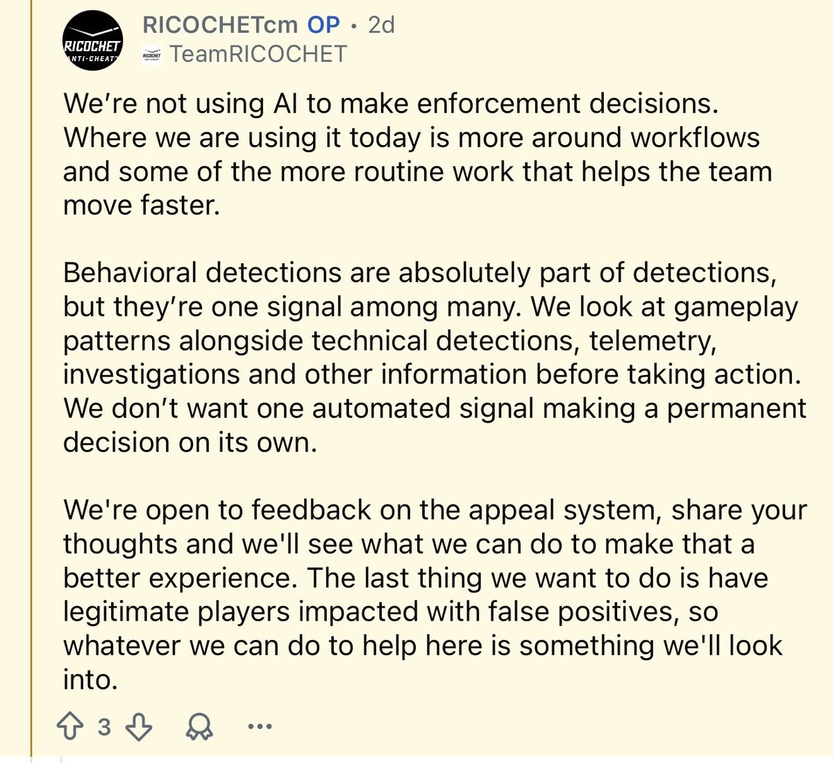 PARDUSGSITE's tweet photo. Otro dato importante:

RICOCHET confirmó que AI no está tomando decisiones de enforcement.

La usan para agilizar workflows, pero un permanent ban no debería depender de una sola señal automatizada. https://t.co/wum2RId7BD