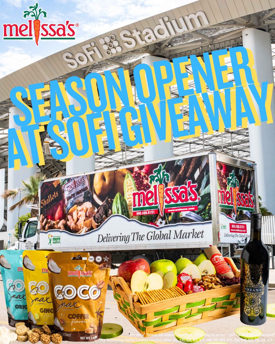 MelissasProduce's tweet photo. 🏈 SEASON OPENER GIVEAWAY! 🏈

Football is back at @SofiStadium, and we’re celebrating with the ultimate Melissa’s game-day spread! One winner will receive a basket packed with fresh fruit, sweet and savory snacks, and a bottle of wine. 🍎🍿🍷

To enter:

🏟️ Follow @melissasproduce
🏟️ Like & Repost this post
🏟️ Tag your game-day partner in the comments

Tell us who you’re cheering for this season! ⚡

Must be 21+ and live within the lower 48 states. Wine cannot be shipped to AL, CO, GA, KS, KY, ME, MI, MS, NY, OH, OK, SD, TX, UT, or VT. Giveaway is not sponsored, endorsed, administered by, or associated with the NFL.