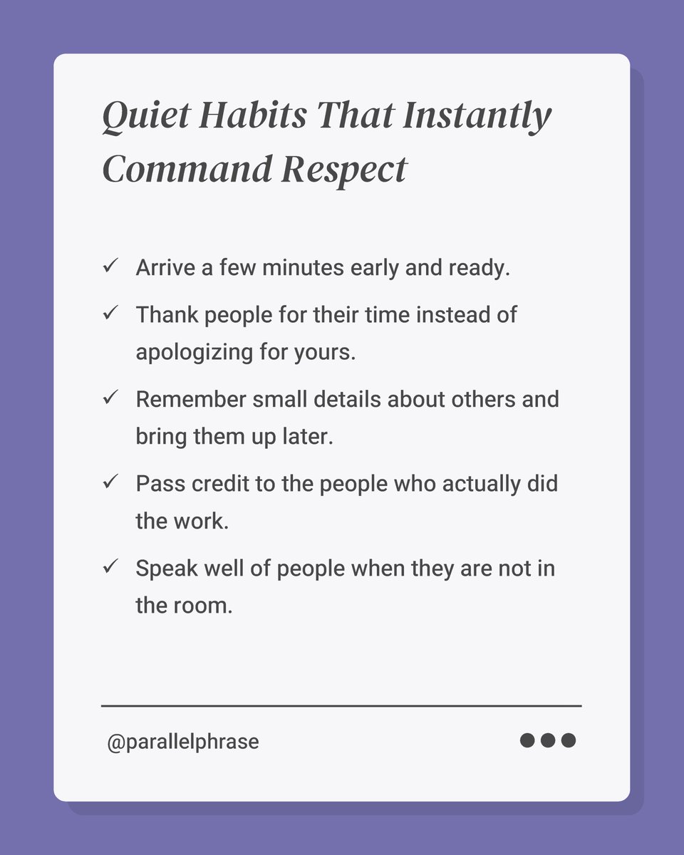 parallelphrase's tweet photo. Respect grows through everyday character, not displays of importance. How you treat people's time, attention, and contributions quietly reveals who you are.

#MutualRespect #SocialSkills #CharacterDevelopment https://t.co/L038J7f2lv