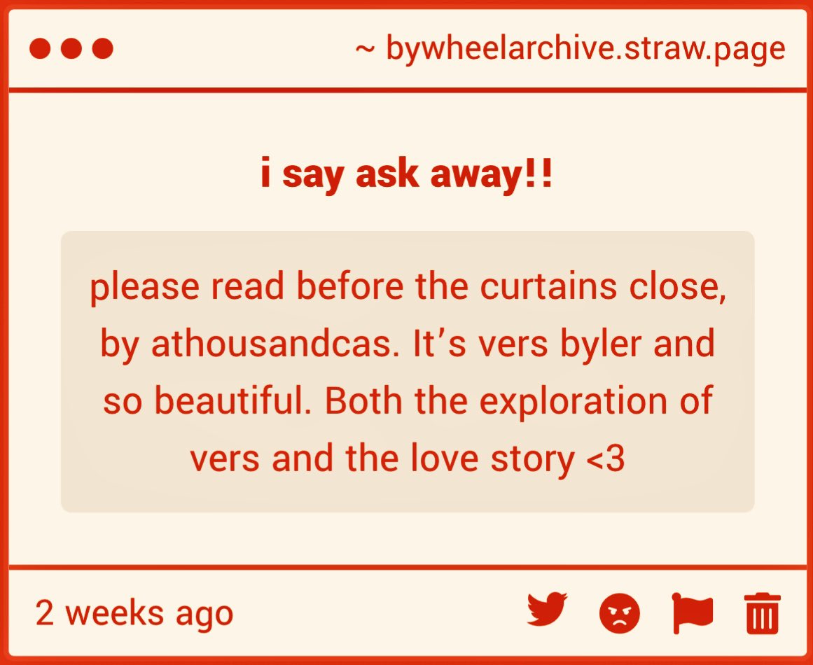 bywheelarchive's tweet photo. thank you for recommending 𝘣𝘦𝘧𝘰𝘳𝘦 𝘵𝘩𝘦 𝘤𝘶𝘳𝘵𝘢𝘪𝘯𝘴 𝘤𝘭𝘰𝘴𝘦 .ᐟ
⤷ vers!byler
⤷ post-canon byler roommates
⤷ angst, anxiety, panic attacks, but mostly fluff
⤷ ttmd;ttms and friends style voyeuristic shenanigans lead to mike wheeler’s bisexual crisis https://t.co/uKr5bD5CbG