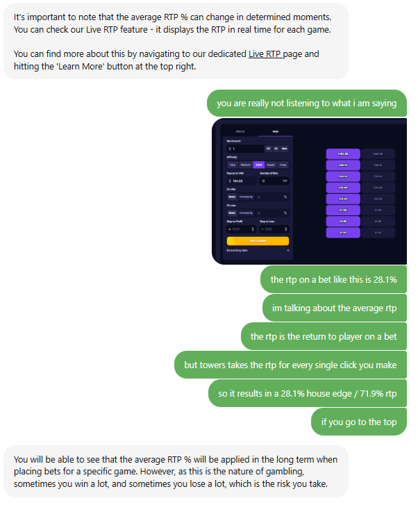 randysysys's tweet photo. its fucking painful roobet also used to have a problem with the towers game. they had up to a 30% edge for like a year they eventually fixed it after i complained but its worrying how many people got scammed. the bug made it so every click was hit with the 4% house edge so by going to the top it was hit with a cumulative 30% house edge per bet