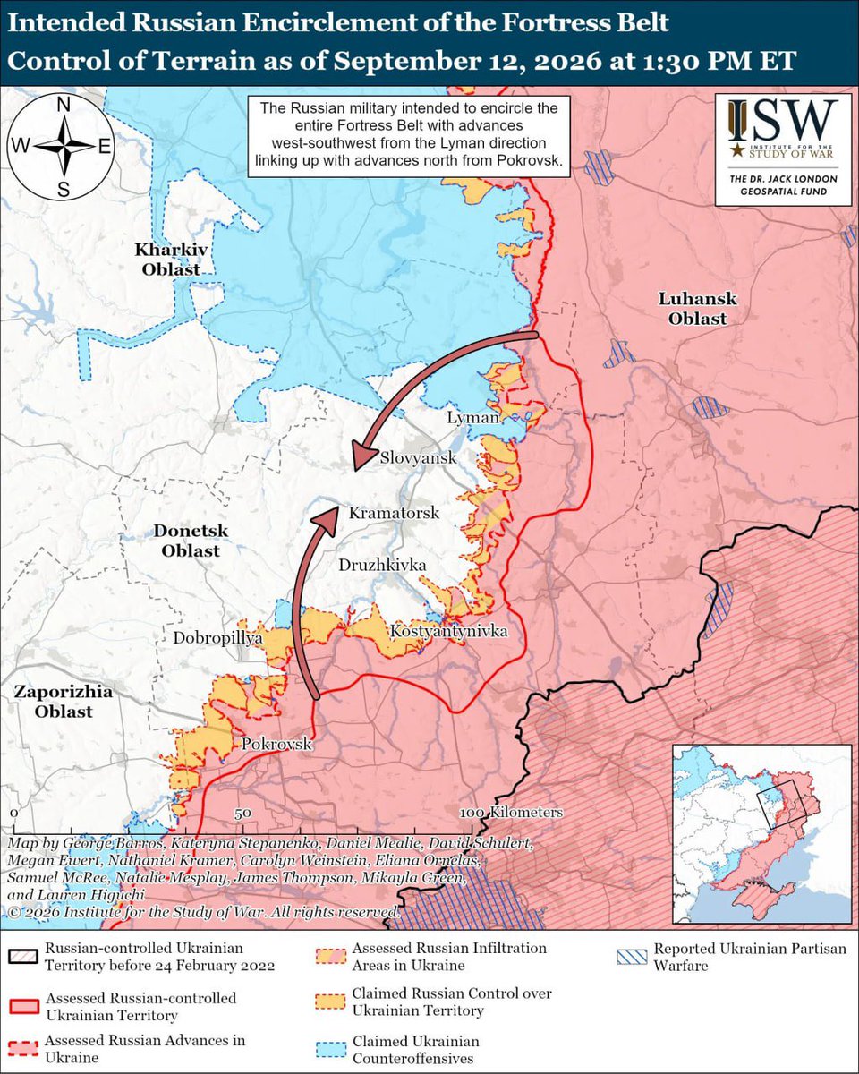 kozako01's tweet photo. ‼️‼️Las Fuerzas Armadas de #Ucrania han frustrado el plan ruso de rodear ciudades clave del #Donbás, según el ISW
Las contraofensivas ucranianas han eliminado el saliente ruso al norte de Limán y han frustrado el plan de rodear ampliamente Slaviansk, Kramatorsk, Druzhkivka y Konstantinovka
Los rusos planeaban rodear este cinturón de ciudades fortificadas por dos flancos: desde la zona de Limán, al norte, y desde Pokrovsk y Dobropillia, al suroeste. Los éxitos ucranianos han eliminado de hecho la parte norte de este plan.
Según las estimaciones del ISW, el mando ruso se verá obligado a revisar sus planes. Los analistas también señalan que, desde marzo, el aumento neto de los avances territoriales rusos ha sido prácticamente nulo.
Al mismo tiempo, los límites exactos del avance ucraniano cerca de Limán siguen sin estar claros debido a la escasez de datos públicos.
🇺🇦💪