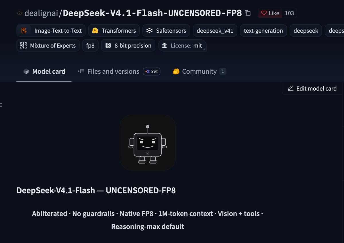 0x0SojalSec's tweet photo. You can Run locally Uncensored DeepSeek-V4.1-Flash.

- 0 refusals, removed the refusal circuit at the weights.
- Base: 552B MoE, 8B/16B active, 1M ctx, vision, DSpark
- HarmBench-320: 42.8% to 100% (off), 1.6% to 100% (max effort)
- MMLU: 86.96% to 82.74% (−1.1pp if you strip the ethics cluster)
- CSA2 + Engram + DSpark

The interesting part isn’t uncensored.
It’s that max thinking made the stock model safer and they cut that path out of the weights.

- https://t.co/uSKxr6vUC8