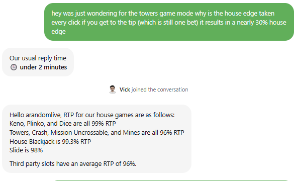 randysysys's tweet photo. its fucking painful roobet also used to have a problem with the towers game. they had up to a 30% edge for like a year they eventually fixed it after i complained but its worrying how many people got scammed. the bug made it so every click was hit with the 4% house edge so by going to the top it was hit with a cumulative 30% house edge per bet