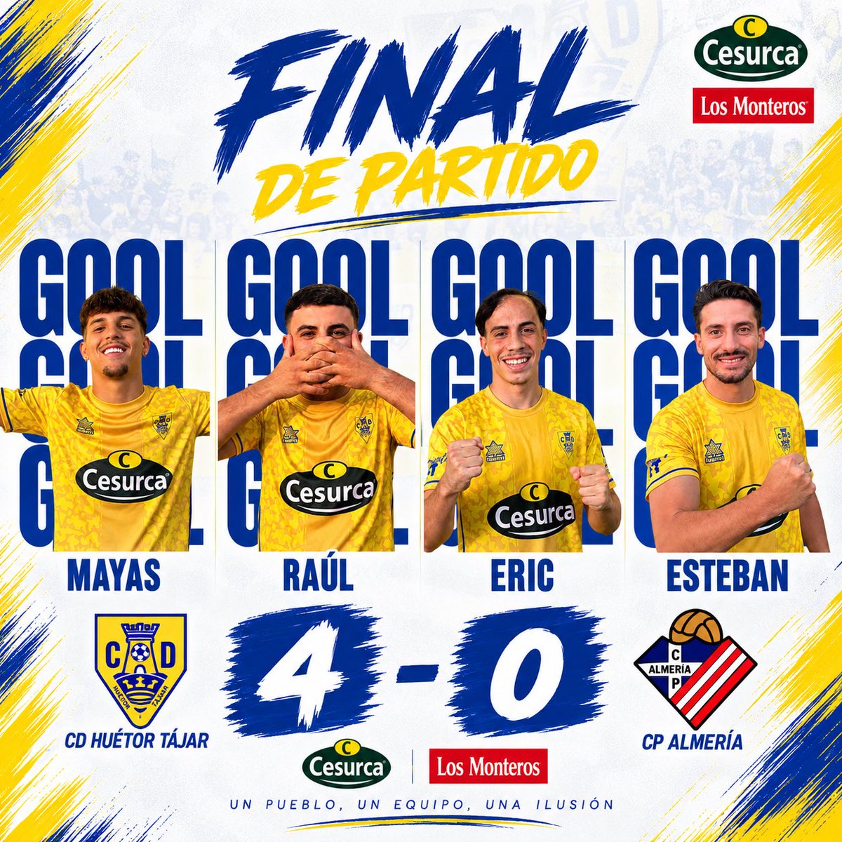 CDHuetorTajar's tweet photo. 🔚 FINAL DE PARTIDO 🔚

🟡 CD HUÉTOR TÁJAR 4️⃣
🔴 CP ALMERÍA 0️⃣

🎙️ Final del encuentro en el Miguel Moranto.

#CDHT #CESURCA 💛💙 https://t.co/WSxDDJc329