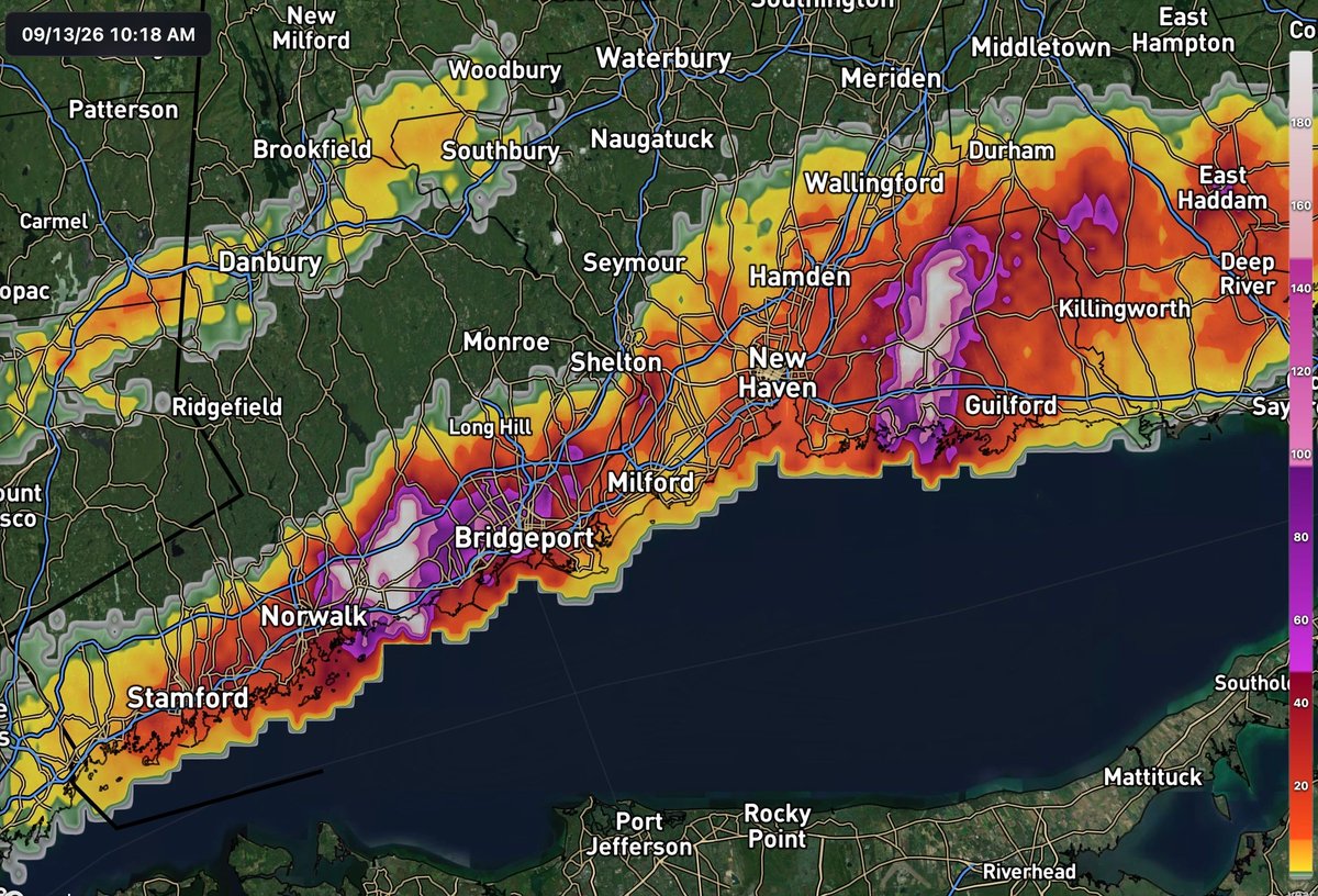 ryanhanrahan's tweet photo. The 3 hour rain totals this morning had a recurrence interval of 200 years in parts of Westport, Fairfield, Branford, and North Branford. 

In other words, only a 0.5% chance of happening in a given year. https://t.co/tYcyzzIPTo