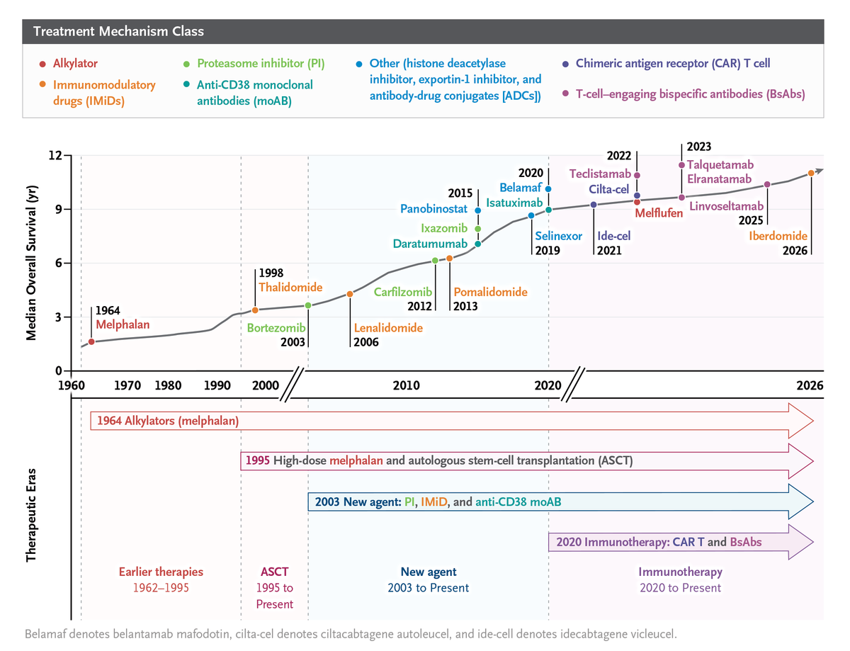 NEJM's tweet photo. Revolutions in transplantation and therapies have transformed multiple myeloma from a disease with an associated survival of a few years into one for which functional cure is an emerging goal. This abundance of effective therapies has created complexity. Learn more: https://t.co/rtFssp5gYf