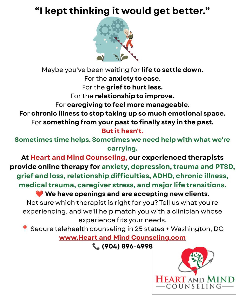 HeartandMindCo1's tweet photo. “I kept thinking it would get better.”

Sometimes time helps. Sometimes we need help with what we’re carrying. ❤️

We have openings and are accepting new clients in 25 states + DC.

Heart &amp; Mind Counseling⁠

#Therapy #MentalHealth #OnlineTherapy https://t.co/rxkGKDM9A2