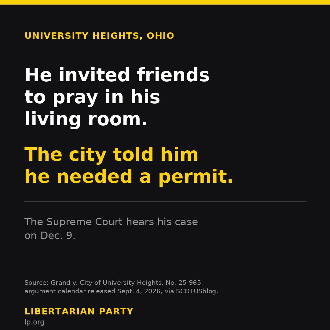 LPNational's tweet photo. A man invited friends to pray in his home. His city told him he needed a permit. The Supreme Court hears his case Dec. 9. 

Whatever you think about prayer, notice the rule: a permit to decide who may gather inside your own home. That logic doesn't stop at religion. https://t.co/Z8ZT6xweS1