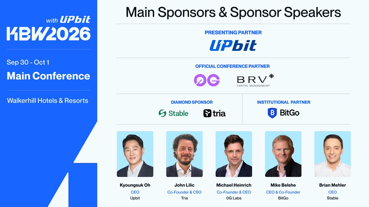 melissaonchain's tweet photo. The #KBW2026 lineup keeps getting better 🇰🇷
@kbwofficial 

Kyoungsuk Oh, Michael Heinrich, Mike Belshe, Brian Mehler & John Lilic are taking the stage to talk about where digital assets are heading next, from AI to stablecoin payments and institutional finance.

See you in Seoul! 

📍 Walkerhill Hotel
📅 Sep 30 – Oct 1