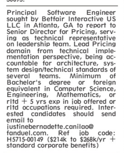 JobsNowPR's tweet photo. Fanduel is advertising this $268k principal software engineer job in Atlanta this week

But for some reason its not listed on their website
Only in this print newspaper ad with an email to apply

Did they create a hiring process for this job designed to avoid US applicants? https://t.co/LFfUf12RCn