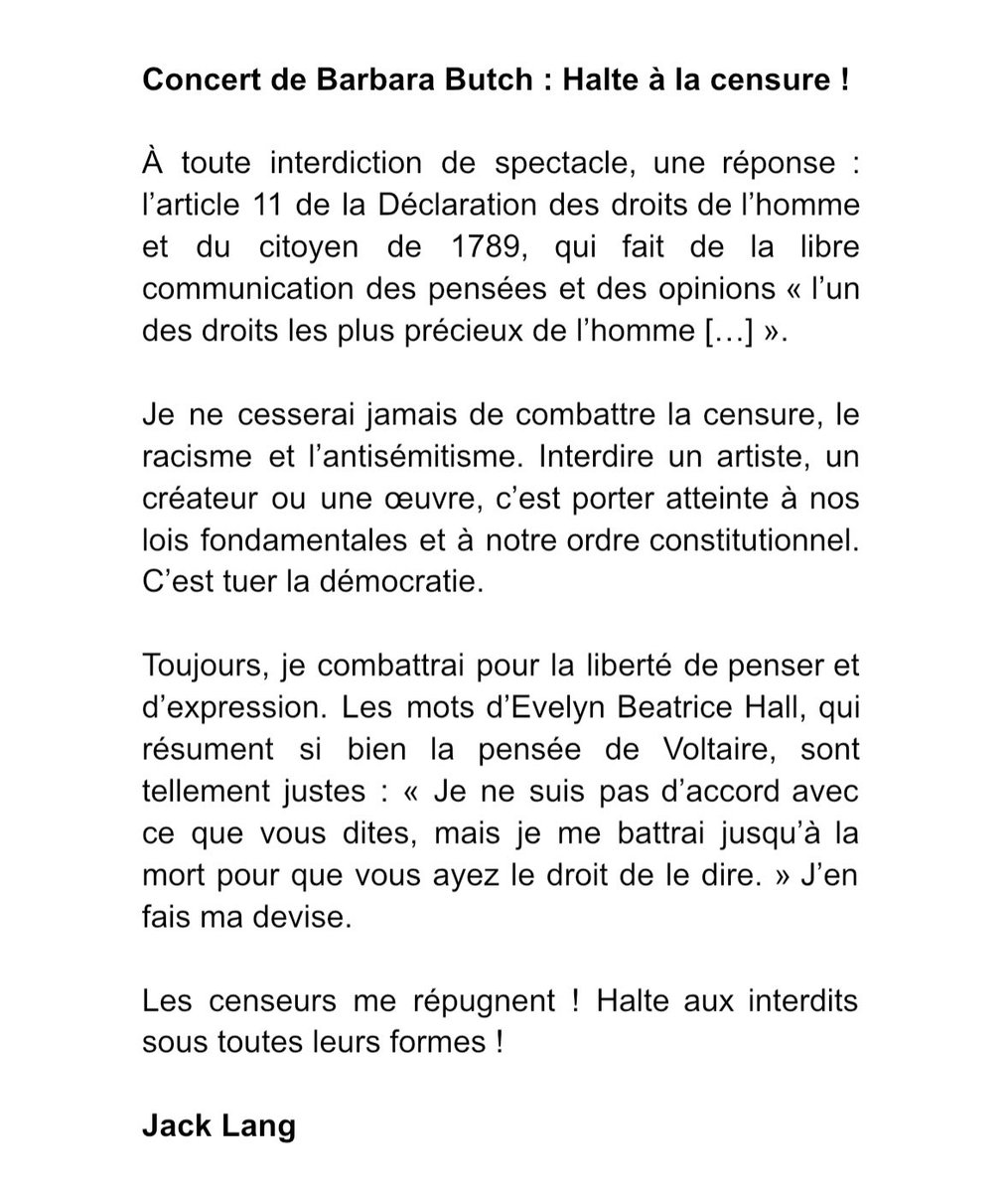 jack_lang's tweet photo. Concert de Barbara Butch : Halte à la censure !

#BarbaraButch https://t.co/yIJcBOOZYM