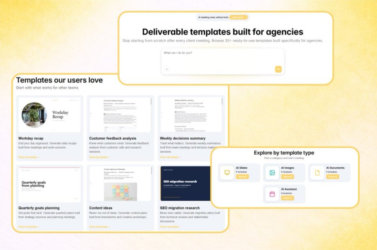 HearUpApp's tweet photo. Turn your meetings into real work ✨

With HearUp templates, you can go from a single conversation to slides, documents, images, or anything else you need. Just pick a template, apply it, add your prompt and references - and let your agents do the rest.

Less setup. More output. That’s how work should feel.