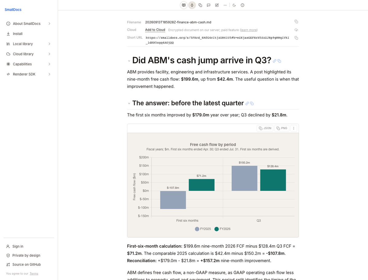 a_small_j's tweet photo. @Tesla_Optimus_K Your note on ABM's nine-month cash-flow jump made me curious: did the improvement come from Q3 or the first six months? I asked an agent to chart the comparison in a SmallDoc: https://t.co/hTtFPqMljb https://t.co/owQRg4164a