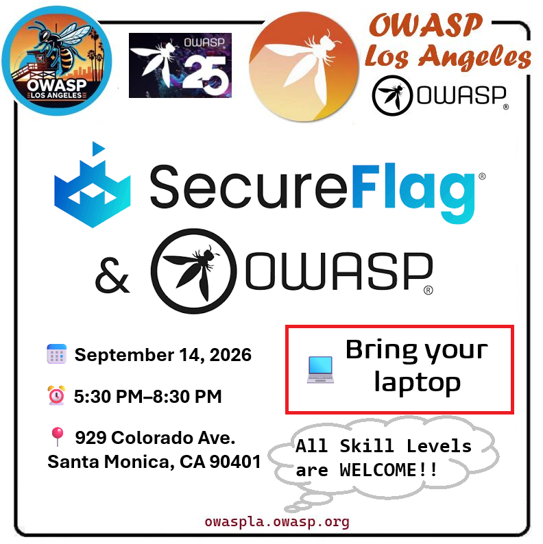 owaspla's tweet photo. #SecureCoding #Tournament Mon 9/14/2026
gain hands-on experience in #securecoding using @SecureFlag platform; All experience levels welcome.
RSVP 👉 https://t.co/GkVSXg5z2n
@owasp #OWASP #OWASPLA #SecureTheFlag #AppSec #ApplicationSecurity #Cybersecurity #DevSecOps #SecureFlag https://t.co/K5jODtf4h7