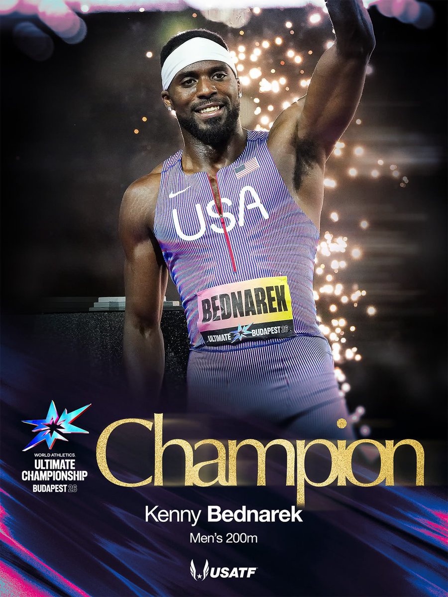 usatf's tweet photo. DOUBLE DONE 😤🏆🏆  Kenny Bednarek storms to a WORLD LEAD and personal best 19.52 to win the men’s 200m, complete the 100m/200m double and lead a U.S. 1-3 finish at World Ultimate. 🇺🇸🔥  The performance moves him to No. 4 on the U.S. all-time list 🤯

#TeamUSATF https://t.co/hkXztVCbtJ