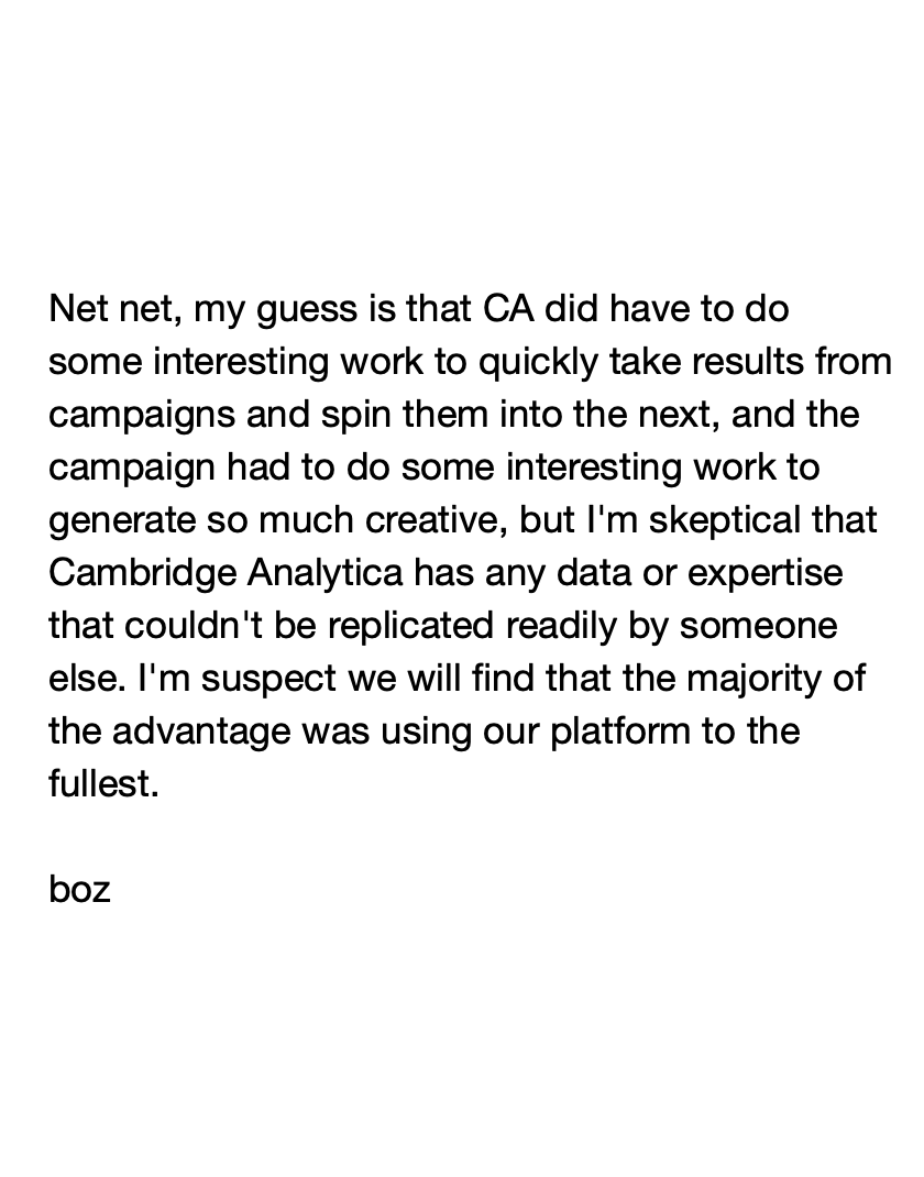 TechEmails's tweet photo. Mark Zuckerberg: "Cambridge Analytica"

January 30, 2017 https://t.co/7qQ7ulV48I