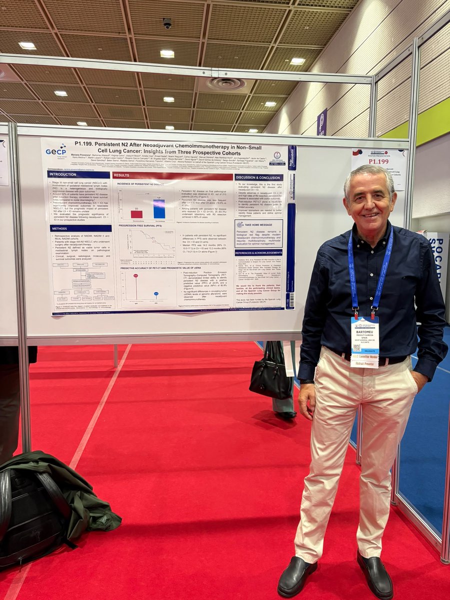 gecp_org's tweet photo. Bartomeu Massutí, secretario del #GECP, presenta en #WCLC2026 el póster:

➡️ Persistent N2 After Neoadjuvant Chemoimmunotherapy in Non-Small Cell Lung Cancer: Insights from Three Prospective Cohorts

Nuevos datos sobre N2 persistente tras quimioinmunoterapia neoadyuvante.

#GECP #WCLC26 #NSCLC