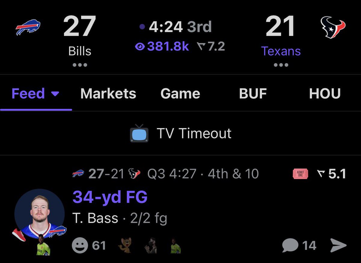 TexansOnReal's tweet photo. Tyler Bass hits the field goal to extend the lead for Buffalo. https://t.co/9wowTjlIF8
