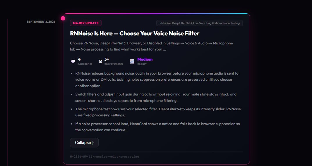 NeonChat's tweet photo. 🎙️ NeonChat Voice Update: RNNoise is here!

🔇 RNNoise suppression
🎚️ DeepFilterNet3
🌐 Browser suppression
⚡ Switch filters during calls
🎤 Test filters in Microphone Lab
Choose yours in Settings → Voice &amp; Audio.
Cleaner voice. Less noise. No rejoining.
#NeonChat #RNNoise https://t.co/UK9bJsBY55