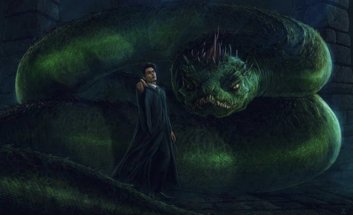 OmoAlade005's tweet photo. What if Voldemort had chosen the Basilisk as a Horcrux instead of Nagini? 

The Basilisk would’ve been a MUCH better choice:
• Its gaze can kill instantly.
• It’s far more durable than Nagini.
• Its venom can destroy Horcruxes.
• It can live for centuries.
• And it was hidden inside the Chamber of Secrets.

Voldemort could’ve turned the Basilisk into both a Horcrux and its own deadly guardian.
Honestly, that would’ve been terrifying.
