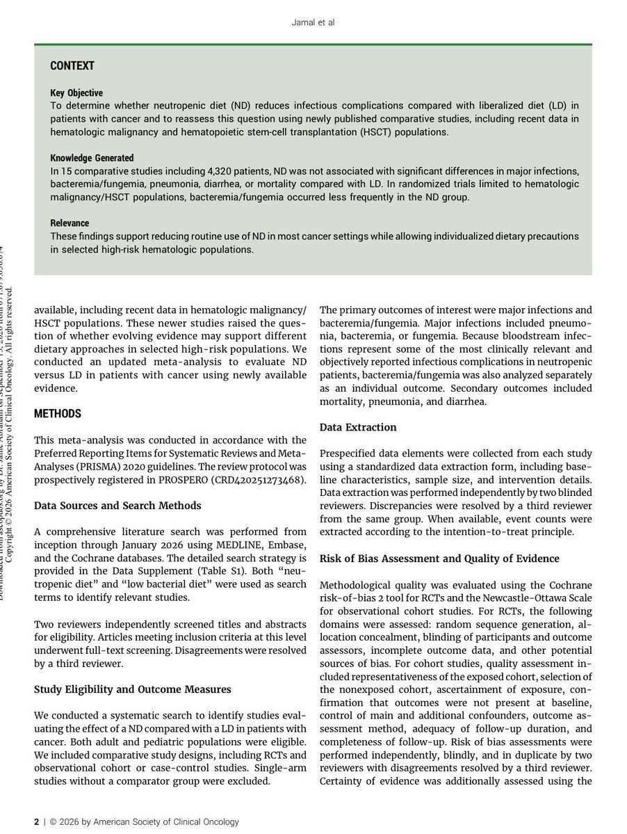 jamecancerdoc's tweet photo. Neutropenic Diet Versus Liberalized Diet in Patients With Cancer: A Systematic Review and Meta-Analysis

New meta-analysis of 15 studies involving 4,320 patients with cancer found that routine neutropenic diets did not reduce major infections, pneumonia, diarrhea, or mortality compared with more liberalized diets. 
These findings support moving away from routine dietary restrictions for most patients, while individualizing care for high-risk populations. #Oncology #CancerCare https://t.co/xtCnX9MkuO @JCOOP_ASCO @ASCO @OncoAlert