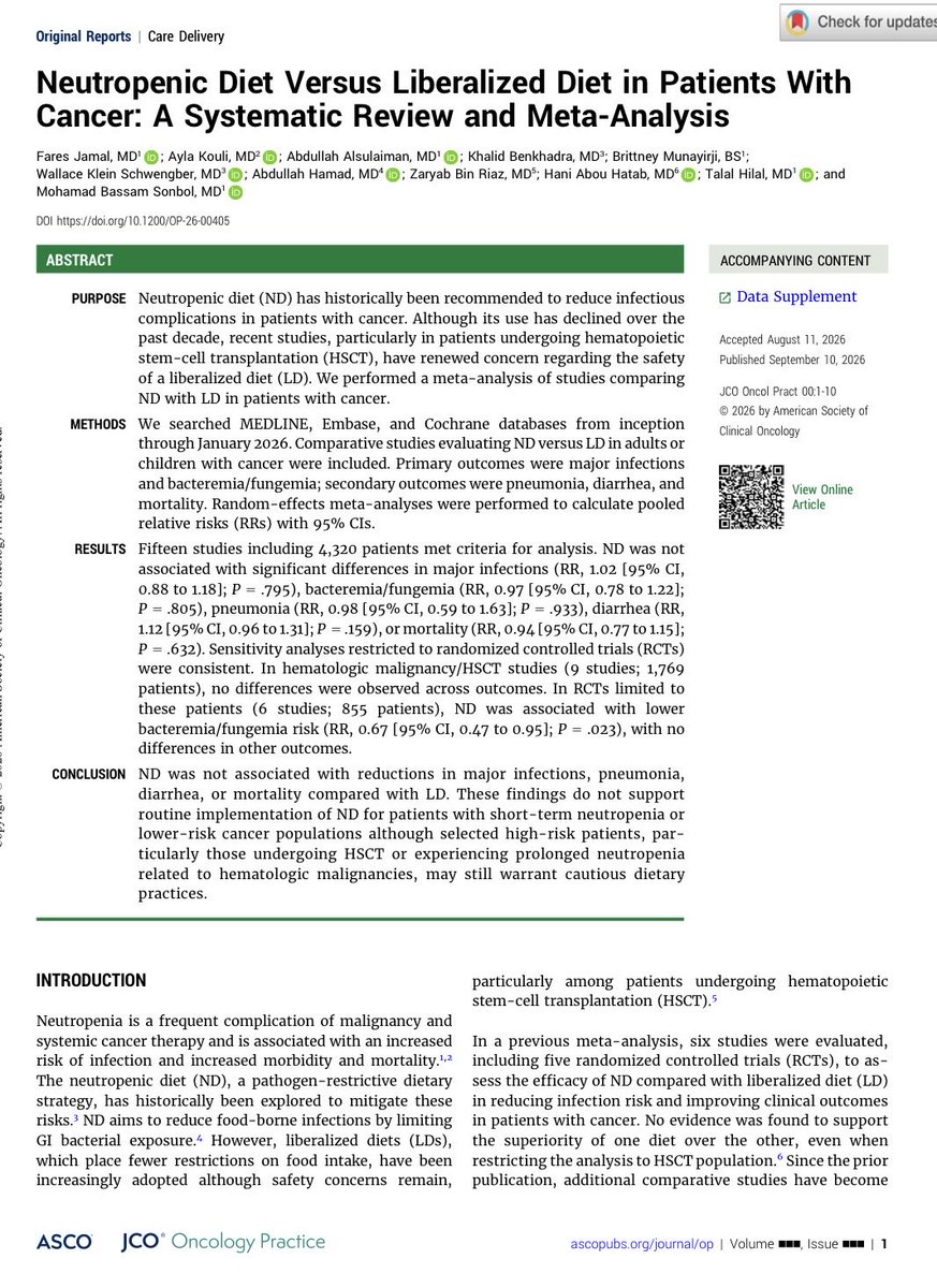 jamecancerdoc's tweet photo. Neutropenic Diet Versus Liberalized Diet in Patients With Cancer: A Systematic Review and Meta-Analysis

New meta-analysis of 15 studies involving 4,320 patients with cancer found that routine neutropenic diets did not reduce major infections, pneumonia, diarrhea, or mortality compared with more liberalized diets. 
These findings support moving away from routine dietary restrictions for most patients, while individualizing care for high-risk populations. #Oncology #CancerCare https://t.co/xtCnX9MkuO @JCOOP_ASCO @ASCO @OncoAlert
