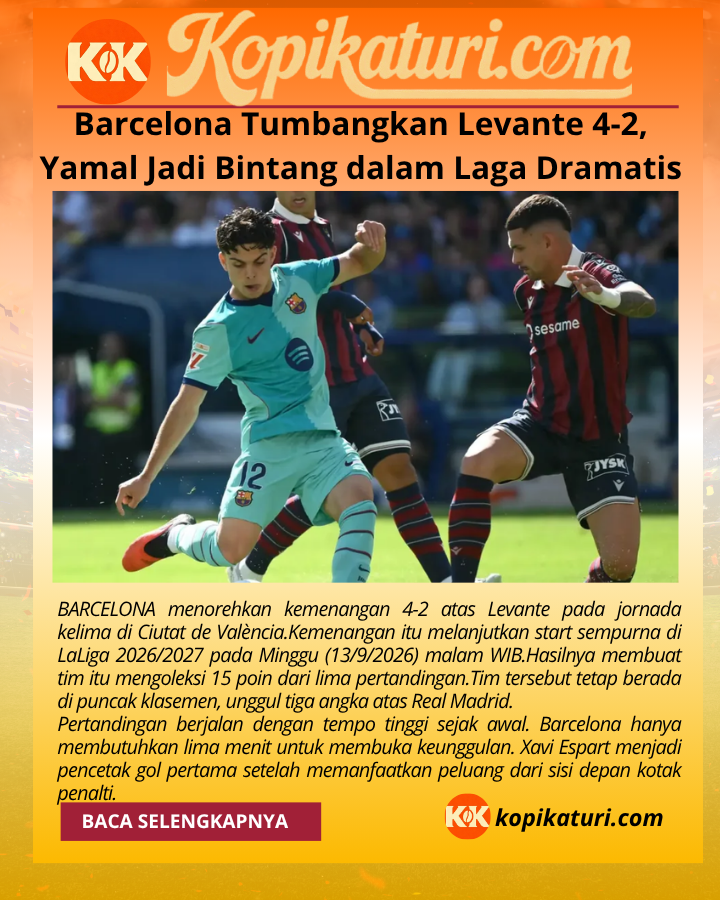 kopikaturi's tweet photo. Barcelona Tumbangkan Levante 4-2, Yamal Jadi Bintang dalam Laga Dramatis

Selengkapnya di : https://t.co/L8B7w69Xlk

Baca Ringkasan Deskripsi : https://t.co/3v1y9ABpxP
#Barcelona #Yamal #LevanteBarça https://t.co/2XVNy1UM5F