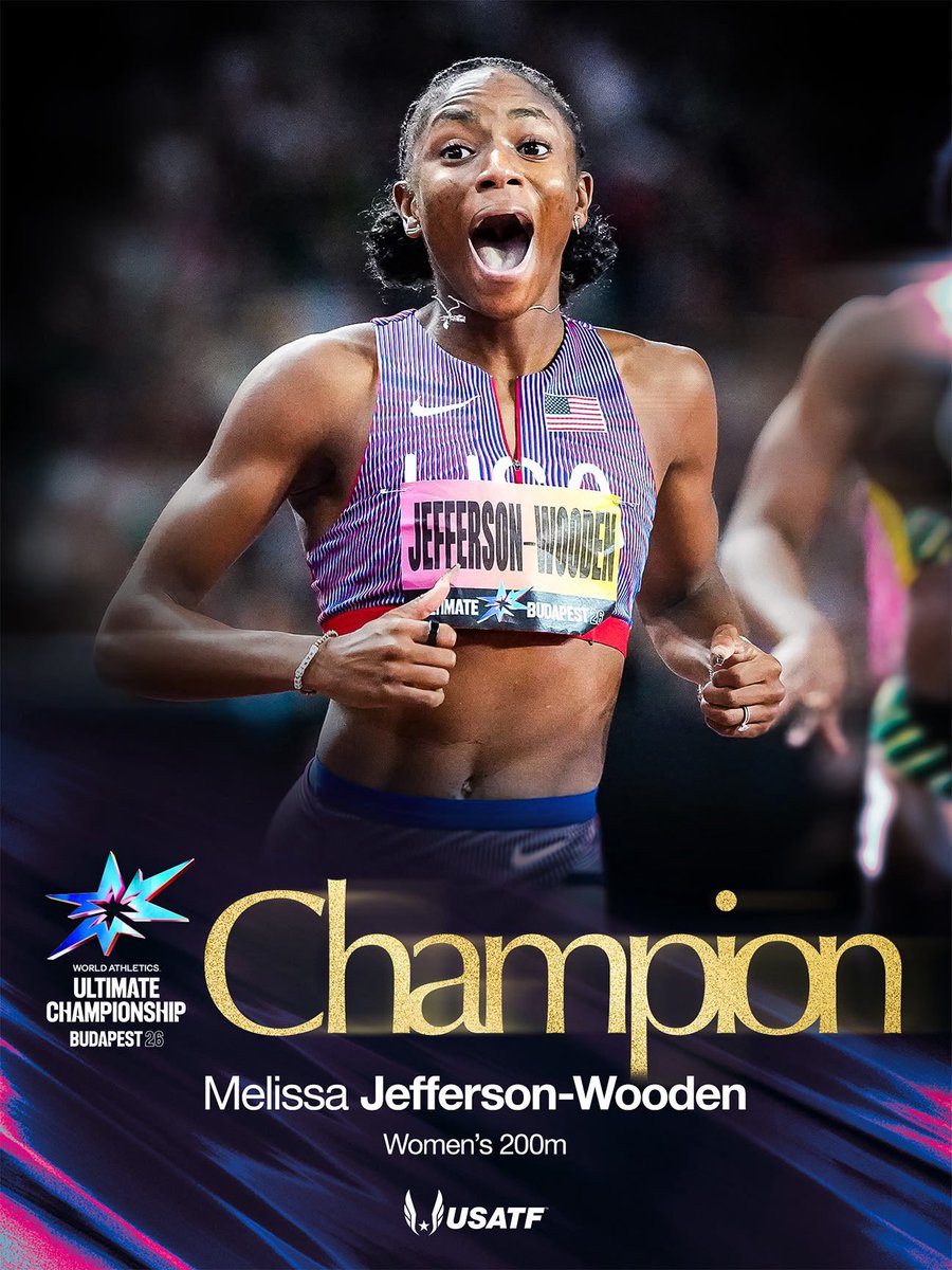 usatf's tweet photo. THE DOUBLE IS HERS 😤🏆🏆

Melissa Jefferson-Wooden storms to a 21.47 victory in the 200m, the third-fastest performance in history, to complete the 100m/200m double and lead a DOMINANT U.S. 1-2-3-6-7 finish. 🇺🇸🔥

Four races. Two titles. An unforgettable weekend 👏

#TeamUSATF https://t.co/eA4TEdD5qI
