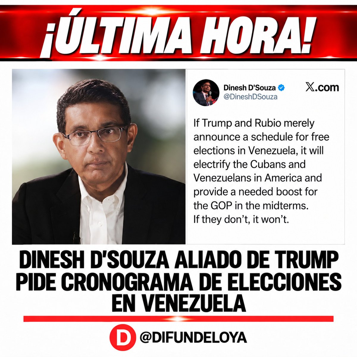DIFUNDELOYA's tweet photo. 🇻🇪🇺🇸 | ¡ÚLTIMA HORA!🚨| Dinesh D'Souza Aliado de Trump pide Cronograma de Elecciones en Venezuela. https://t.co/TsLtwD89bN