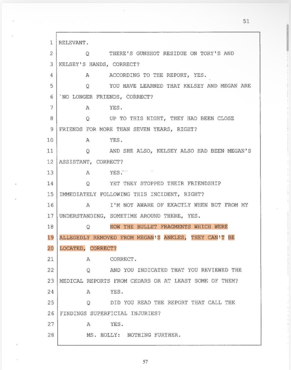 ComeWithFacts's tweet photo. 🚨 Below may be one of the most important pages in the newly surfaced police records. This was an exhibit in the petition for writ of habeas.

Four days after the July 12 incident, Megan spoke with police on a conference call with her attorney Alex Spiro and Desiree Perez present.

According to the report, she told police she saw Tory standing in the passenger doorway pointing a handgun at her, saying “Dance bitch!” and firing multiple rounds.

But later in that same interview, the report says she explained that she initially lied to police because she was in shock and scared, and that she “wasn’t sure if she was shot” and did not want to get anyone in trouble by making false accusations.

Read that carefully.

She is giving police a detailed account of seeing the gun, seeing Tory point it at her and hearing him allegedly fire at her.

But she is also saying she had been unsure whether she was even shot and did not want to falsely accuse anyone.

But no mention of that alleged one million dollar bribe…

And the hospital portion raises even more questions.

The officer who escorted Megan to Cedars Sinai told investigators that Megan repeatedly denied being shot and said she cut her foot on glass.

That officer then spoke with Dr. Loffredo, who reportedly said Megan’s injury was consistent with a laceration from stepping on glass.

The report also says that because neither Megan nor the witnesses reported a crime, officers left the hospital before the X rays were taken.

Then Detective Eberhardt contacted Cedars Sinai, and according to the report, the hospital did not report having any bullet slugs or evidence waiting for police pickup.

Nothing was turned over.

The investigator even wrote that Megan’s medical records were necessary “to confirm what caused her injury.”

That line is important.

Because if police themselves were still trying to confirm what caused the injury, and Cedars had not turned over any bullet slugs or physical evidence, how had the story already become so definite?

And remember, this was not months later.

This was July 16, 2020.

Four days after the incident.

Petition:

https://t.co/VNU7mKZ9Yx