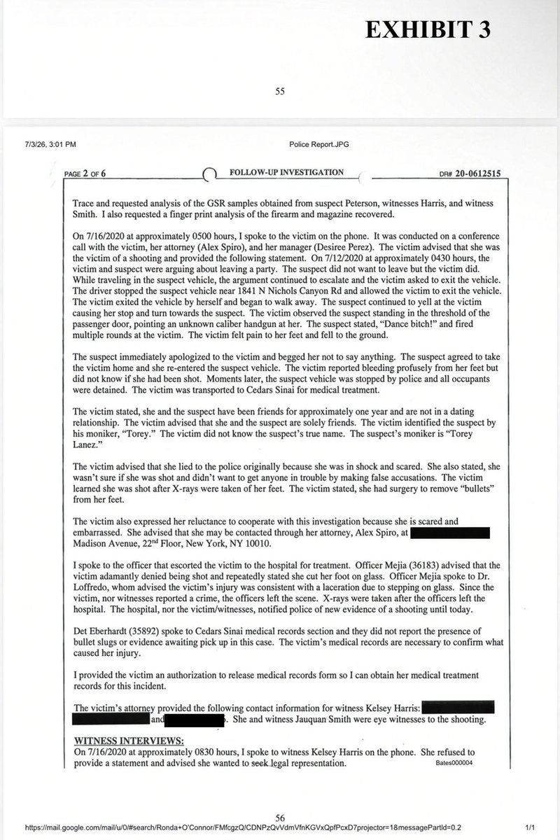 ComeWithFacts's tweet photo. 🚨 Below may be one of the most important pages in the newly surfaced police records. This was an exhibit in the petition for writ of habeas.

Four days after the July 12 incident, Megan spoke with police on a conference call with her attorney Alex Spiro and Desiree Perez present.

According to the report, she told police she saw Tory standing in the passenger doorway pointing a handgun at her, saying “Dance bitch!” and firing multiple rounds.

But later in that same interview, the report says she explained that she initially lied to police because she was in shock and scared, and that she “wasn’t sure if she was shot” and did not want to get anyone in trouble by making false accusations.

Read that carefully.

She is giving police a detailed account of seeing the gun, seeing Tory point it at her and hearing him allegedly fire at her.

But she is also saying she had been unsure whether she was even shot and did not want to falsely accuse anyone.

But no mention of that alleged one million dollar bribe…

And the hospital portion raises even more questions.

The officer who escorted Megan to Cedars Sinai told investigators that Megan repeatedly denied being shot and said she cut her foot on glass.

That officer then spoke with Dr. Loffredo, who reportedly said Megan’s injury was consistent with a laceration from stepping on glass.

The report also says that because neither Megan nor the witnesses reported a crime, officers left the hospital before the X rays were taken.

Then Detective Eberhardt contacted Cedars Sinai, and according to the report, the hospital did not report having any bullet slugs or evidence waiting for police pickup.

Nothing was turned over.

The investigator even wrote that Megan’s medical records were necessary “to confirm what caused her injury.”

That line is important.

Because if police themselves were still trying to confirm what caused the injury, and Cedars had not turned over any bullet slugs or physical evidence, how had the story already become so definite?

And remember, this was not months later.

This was July 16, 2020.

Four days after the incident.

Petition:

https://t.co/VNU7mKZ9Yx